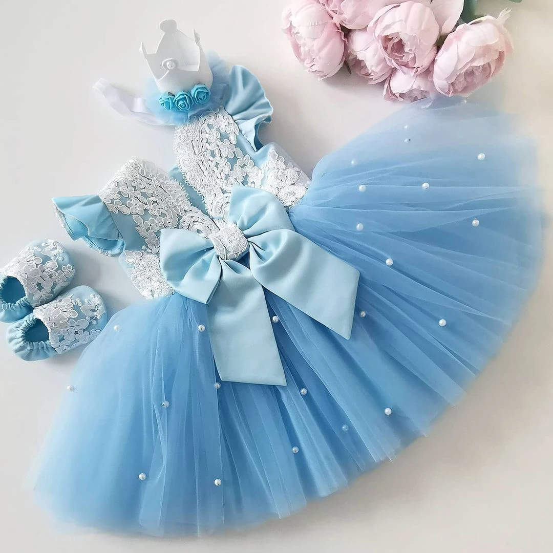 

Summer Princess Infant Baby Girls Dress Ruffles Sleeve Pearl Lace Bowknot Bow Dress Flower Girls Dresses For Wedding Party 1-4y