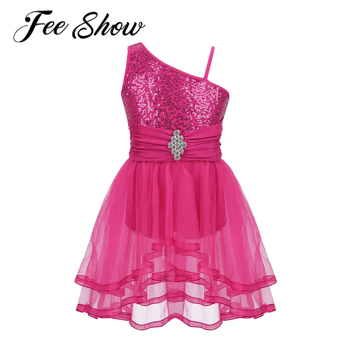 Детское балетное Сетчатое платье пачка с одним плечом для девочек блестящее