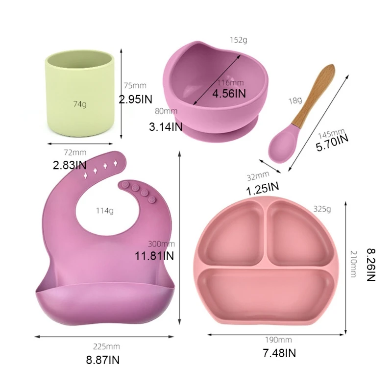 

F62D 5 Pcs Baby Bib+Suction Bowl+Divided Dinner Plate+Spoon+Cup Set Waterproof Food Grade Silicone Training Feeding Dish Utensil