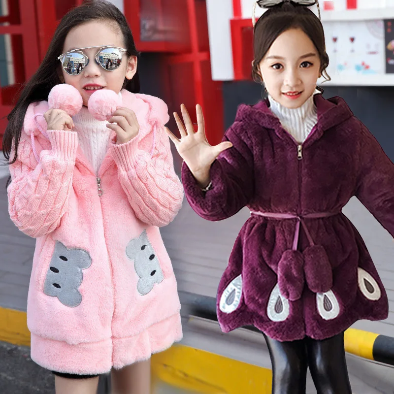 Warm Girls Winter Coat Thickened Faux Fur Fashion Long Kids Hooded Jacket Coat for Girl Outerwear Girls Clothes 3-12 years old enlarge
