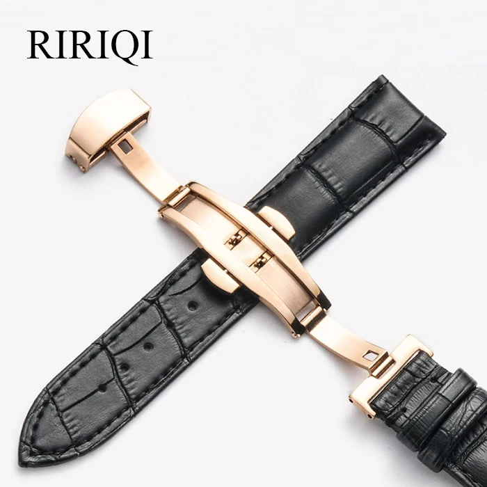 rose gold-Black Натуральная кожа Ремешки для наручных часов Бабочка Пряжка ремешок универсальный стальной пряжка браслет на запястье 12-24 мм черный коричневый ремешок - Цвет ремешка: rose gold-Black