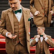 Costume 3 pièces en laine pour hommes, costume formel Business, Blazer sur mesure, gilet et pantalon à carreaux marron, tenue quotidienne, ensembles de costume décontractés pour fête de bal  (3)