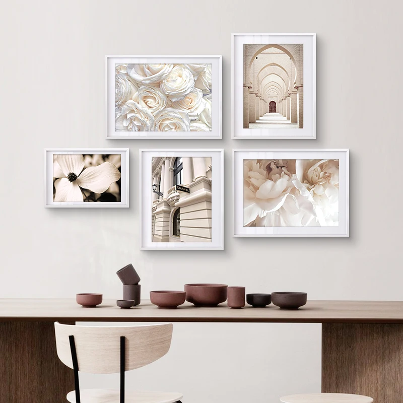 

White Flowers Rose Building Pillar Feathers Poster Canvas Painting Scandinavian For Wall Art Living Room Home Decor Pictures