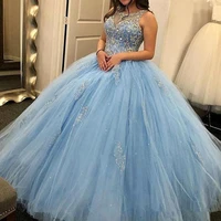 2020 sky blue quinceanera prom dresses jewel neck lace beading appliques formal evening party gowns occasion dress