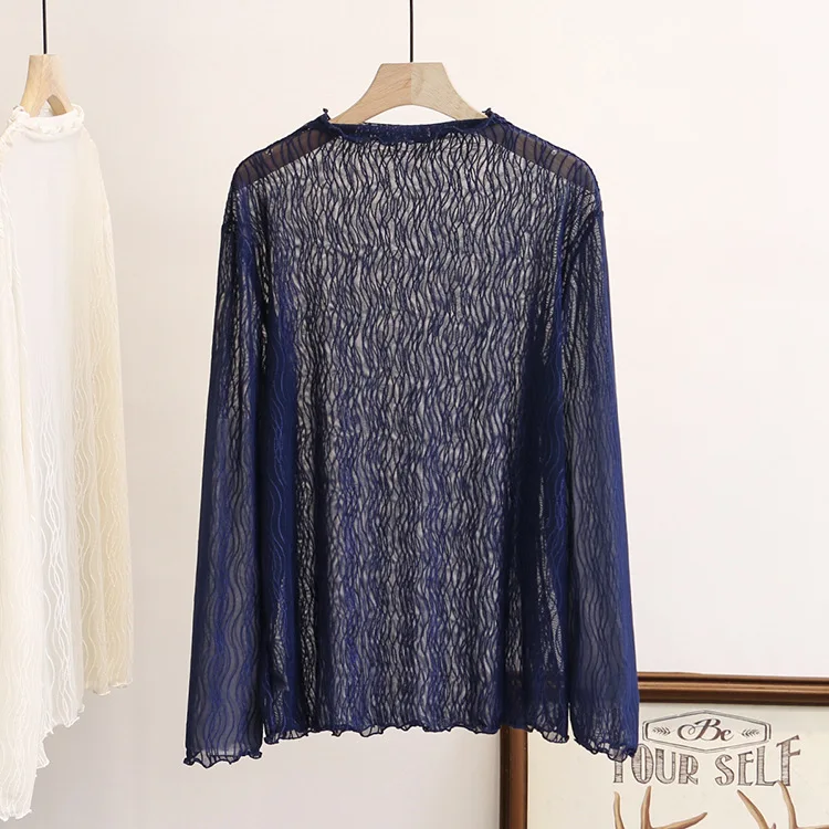 Spring Summer T Shirt Women Plus Size T-shirt Lady Long Sleeves waves Mesh Tops Casual 2020 Fashion F52-6151 | Женская одежда