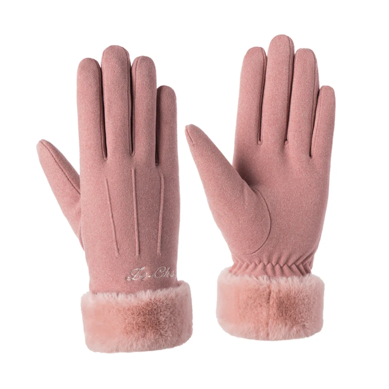 

Fashion Women Winter Warm Suede Leather Touch Screen Female Faux Rabit Fur Embroidery Plus Velvet Thick Outdoor Driving Glove