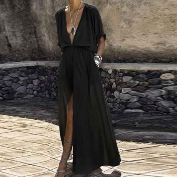 Женское длинное шифоновое платье-туника с рукавом до локтя и глубоким V-образным