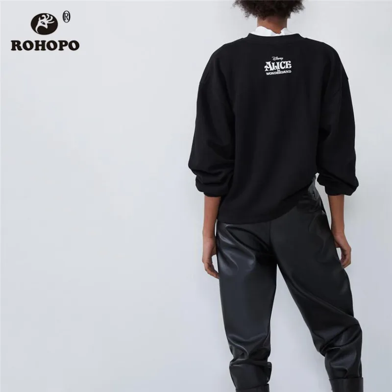 ROHOPO круглый воротник мультфильм печатных с длинным рукавом черный свитер хлопок Джерси тканевый пуловер осенние женские толстовки#2697