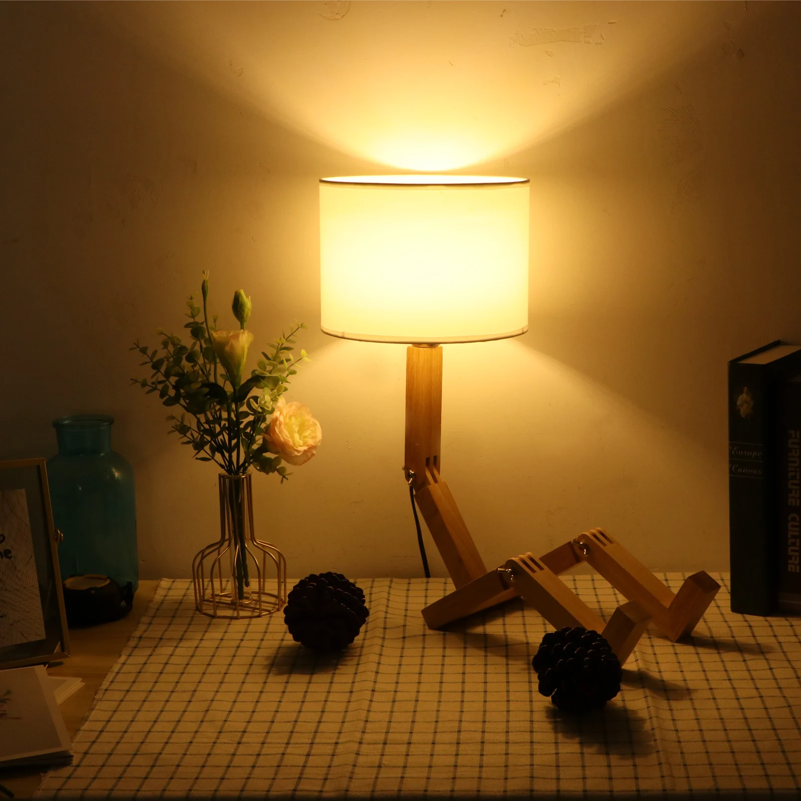 

Table Lamp EU Plug Lamp Holder 220V Modern Cloth Art Wood Desk Table Lamp Parlor Indoor Study Night Light Robot Shape Wooden