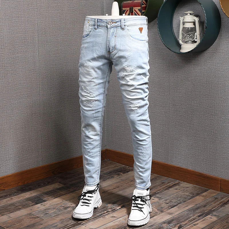 Summer Men Light Blue Ripped Jeans Men Streetwear Casual Slim Fit Denim Pants Cotton Trousers
