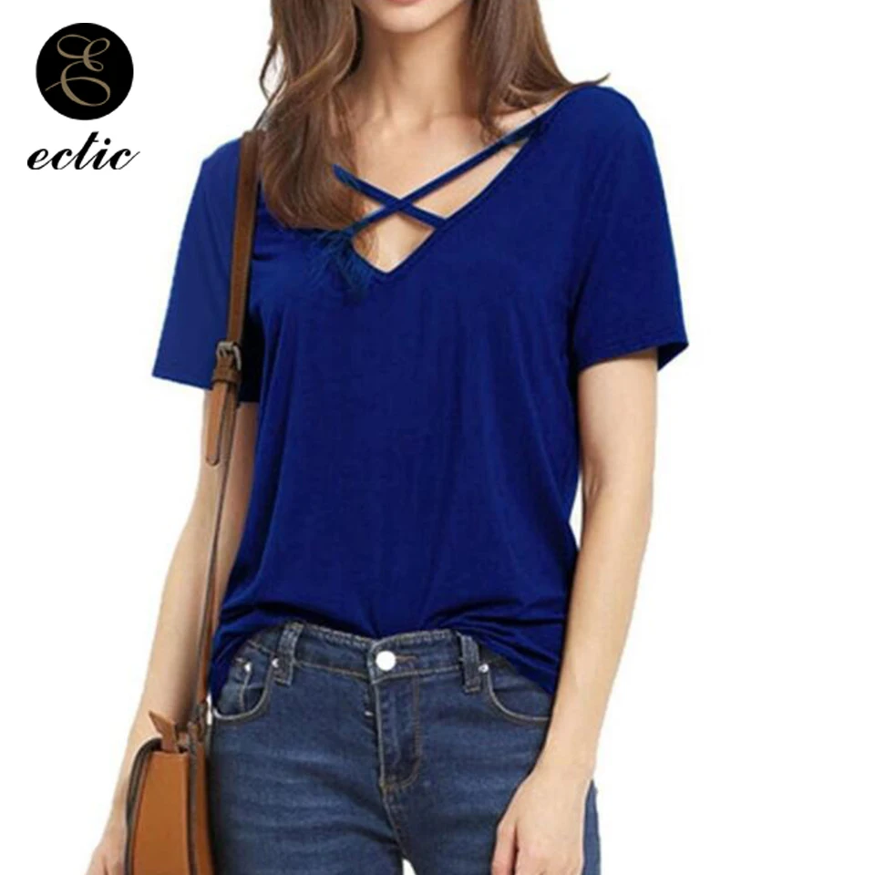 Глубокий V Образным Вырезом Погружение Футболка Женщина Хипстер Одноцветный