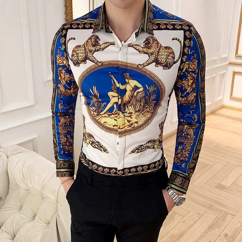 

Mens Vintage Money Leopard Printed Long Sleeve Shirt New Fashion Slim Fit Shirts Casual Club Shirts Mens Camicia Uomo
