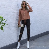 womens tops and blouses 2021 spring new fashion cotton single breasted polo collar solid color long sleeve brown cardigan shirt