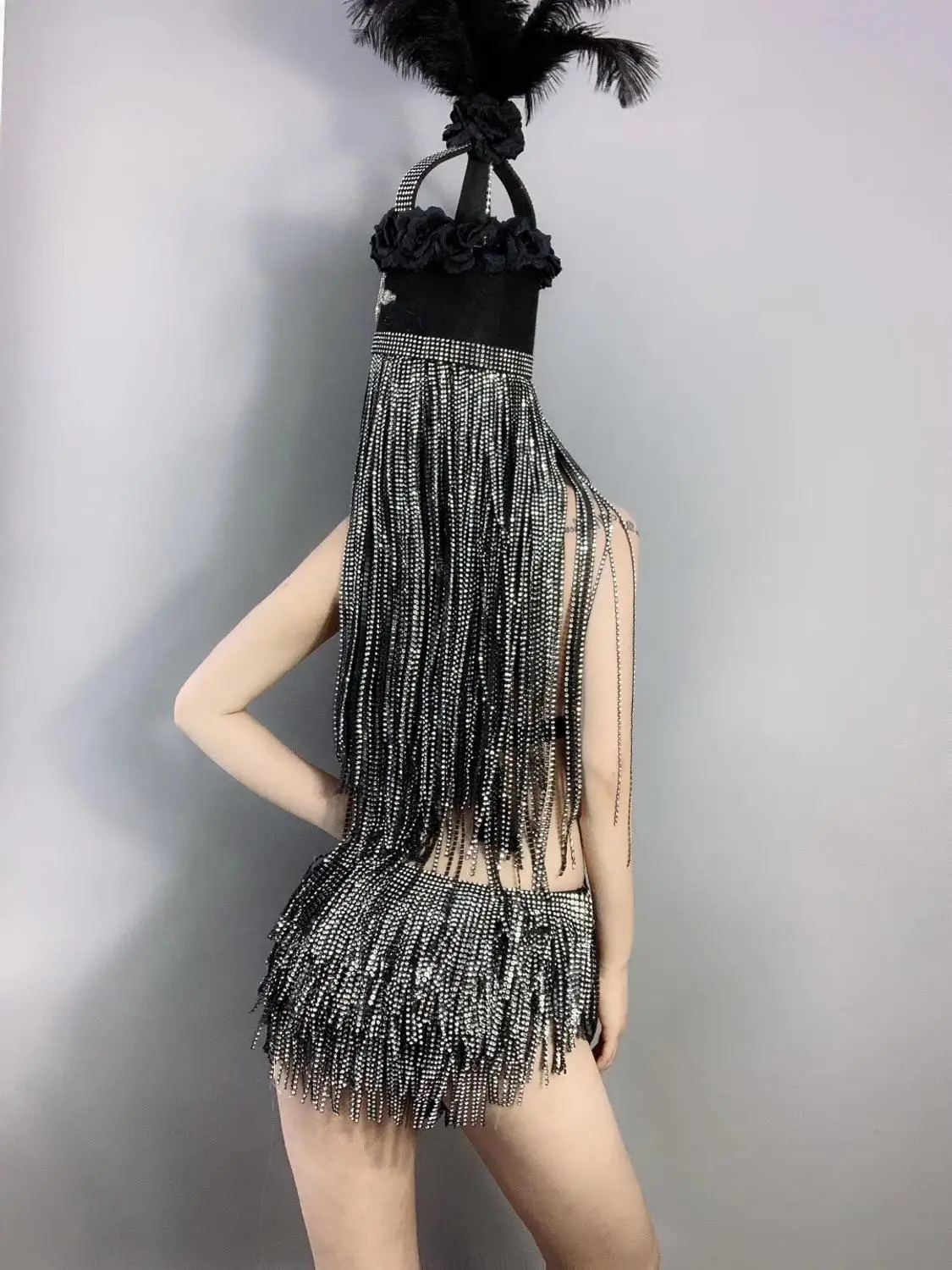 Women New Silver Shining Crystal Tassel Backless Bodysuit Black Fringes Bikini Dance Outfit Sexy Bar Nightclub DJ Singer Costume |