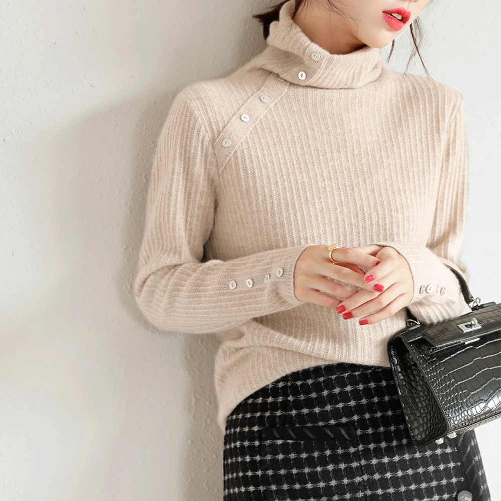 

Turtleneck Sweater Women Fashion Buttons Patchwork Vintage Solid Casual Female Loose Stretchy Knitted Tops Sweaters Autumn 2021