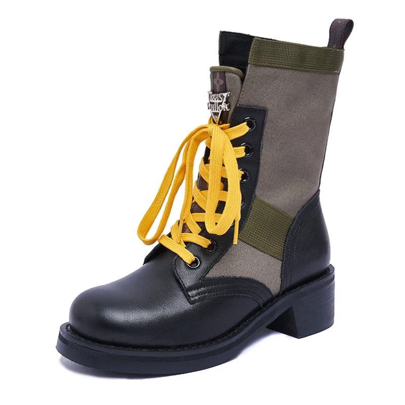 

Martin boots women's leather new first layer cowhide thick heel canvas women boots British style mid-tube boots women short boot