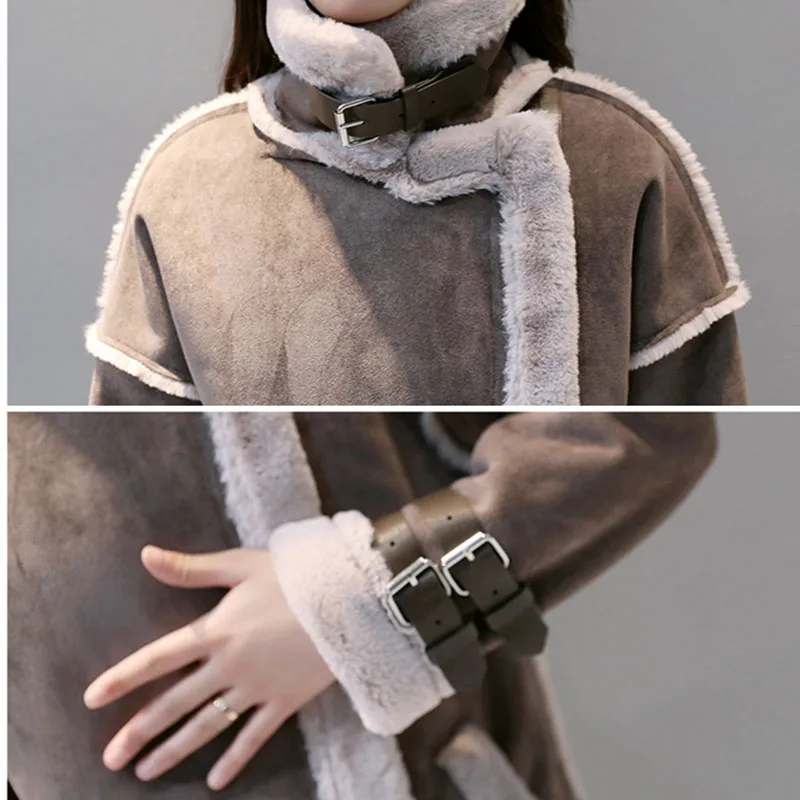 Новая зимняя женская замшевая куртка с искусственным мехом из искусственной оленины, длинная куртка из шерсти, толстая парка из искусственного ягненка OK409.