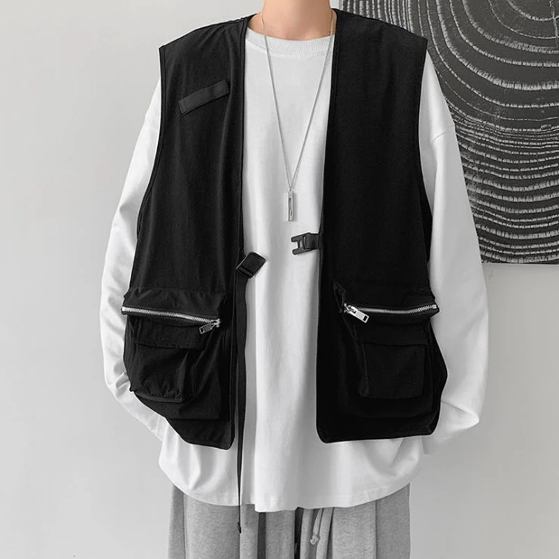 

Mens Fashion Tooling Vest Men Streetwear Cargo Vest Hip Hop Sleeveless Jacket Gilet Military Multi-Pocket Outdoors Tactical Coat
