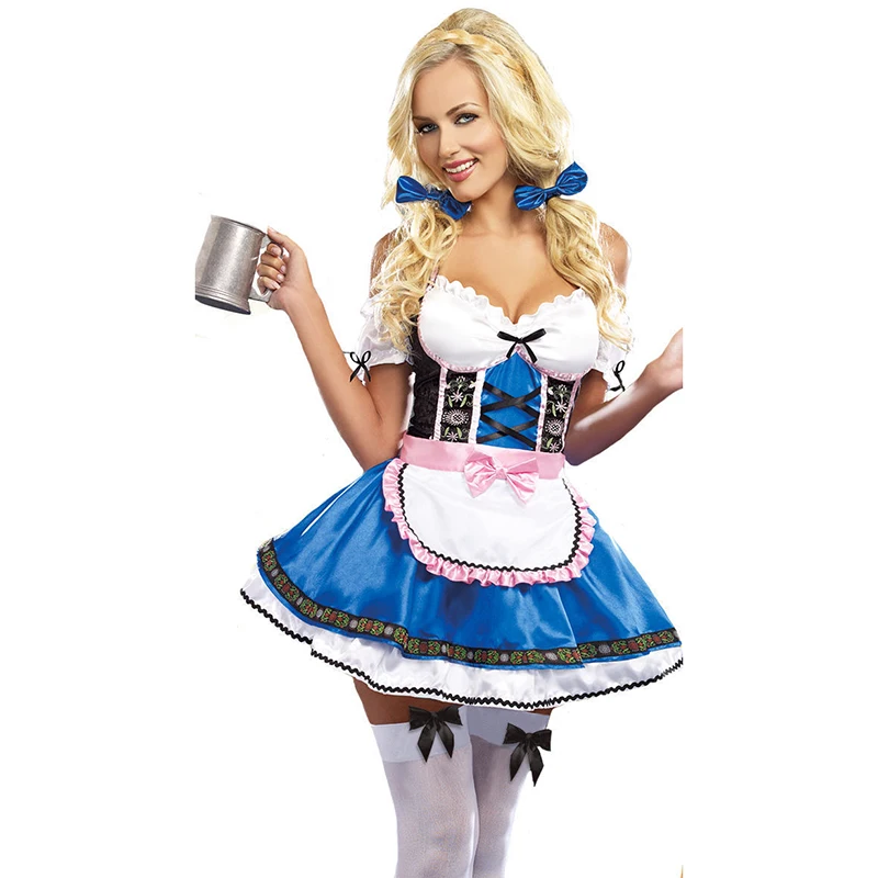 

Women Sexy Blue Oktoberfest Beer Girl Costume Adult Female Germany Bavarian Carnival Maid Waiter Cosplay Dress Carnival Outfit
