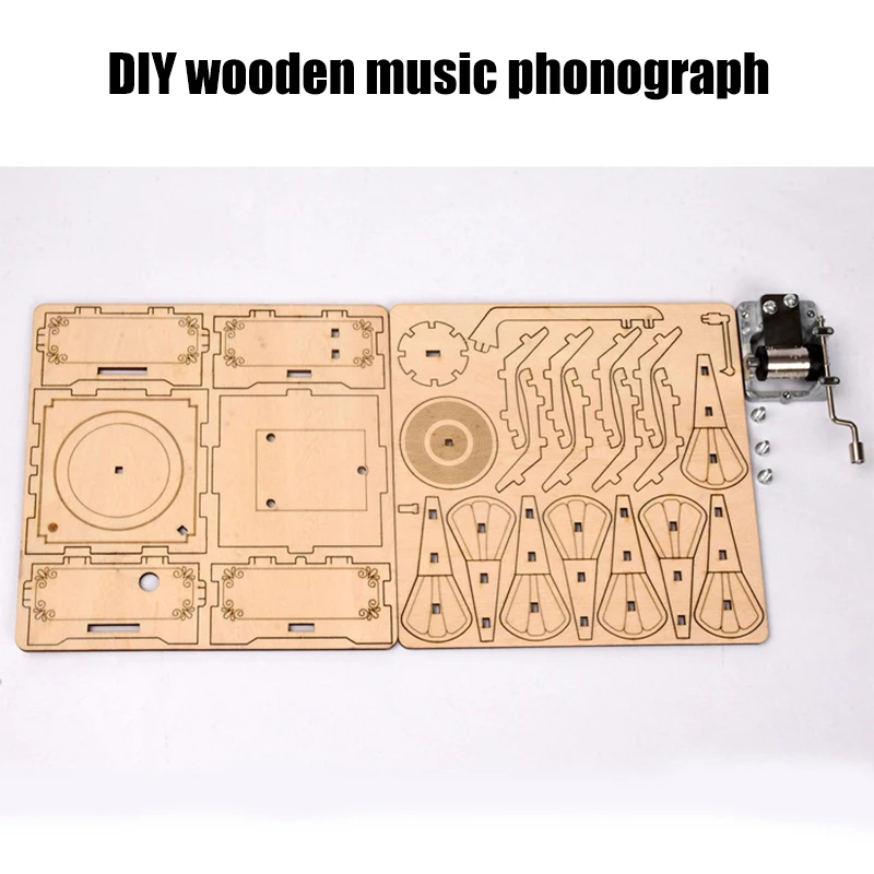 

DIY Hand Crank Record Player Wooden 3D Puzzle Gift Set for Children Age 6 Up 2.8*2.8*5.7 Inch TP-Hot