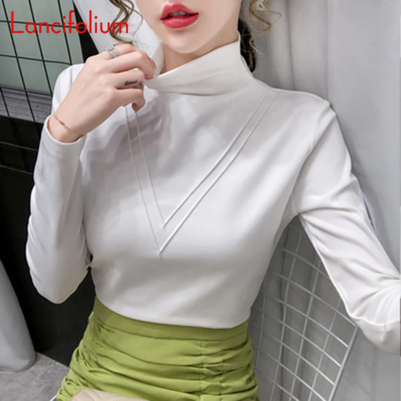 

Fall Winter Y2k 2000s Aesthetic Tshirt Long Sleeve Turtleneck White Tees Vintage Harajuku Korean Brown T Shirt Top Women 2021