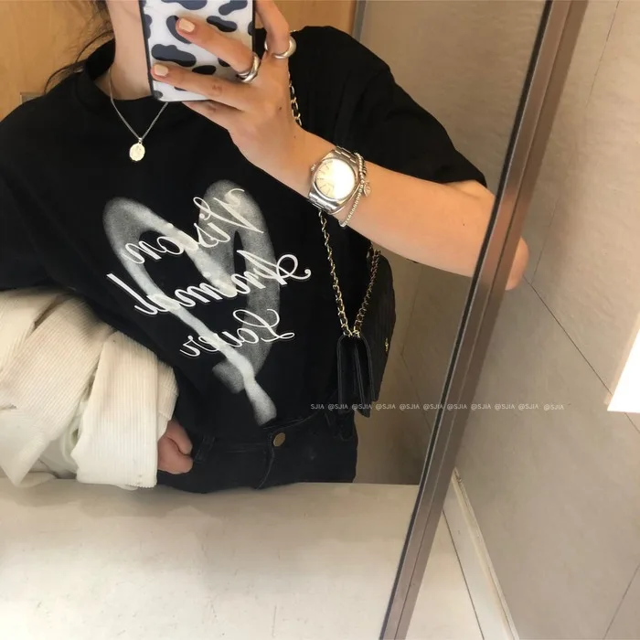 

Korean Ins Cute Anti-Aging Heart Printing Letter Short-Sleeved T-shirt Women's Summer Loose round Neck Pullover Student Top