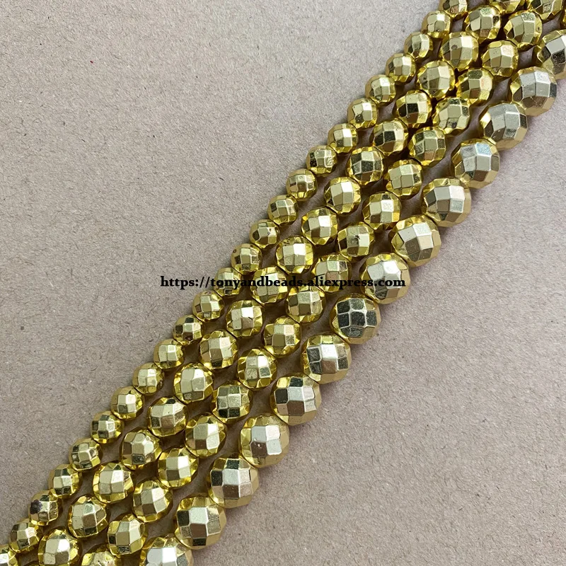 

Faceted Shining Gold Color Plated Natural Hematite Stone Round Loose Beads 4 6 8 10 MM 15" Strand Pick Size