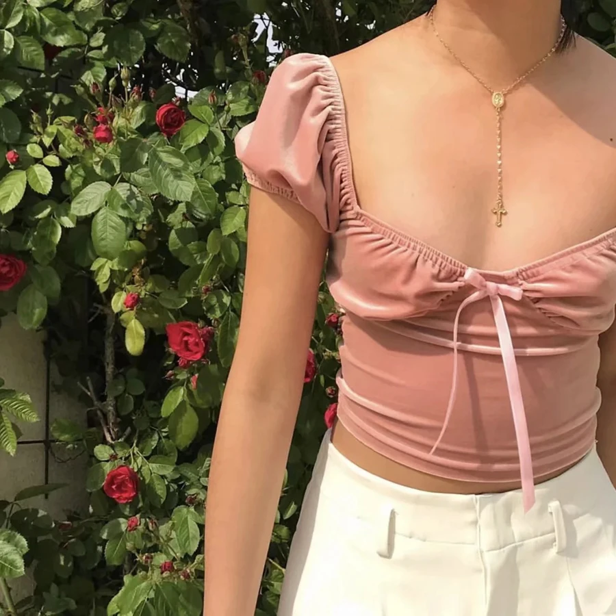 Милая розовая бархатная футболка Kawaii для девочек женские летние топы с пышными