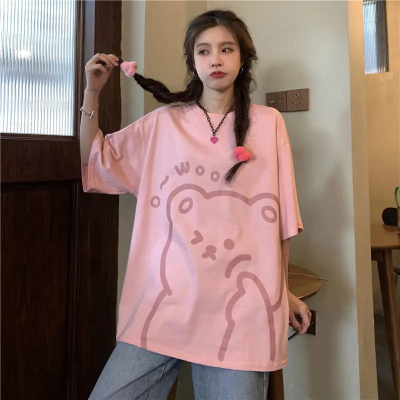 

Summer Jacket Short-sleeved T-shirt Women's 2021 New Large Size Loose Long Bear Design Thin Couple Clothes