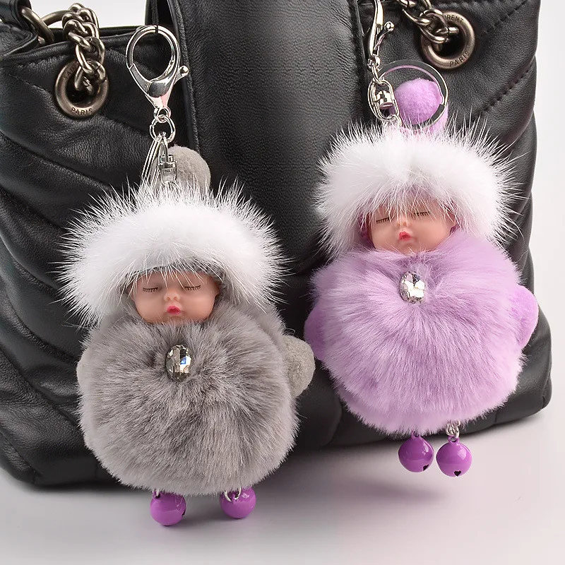 Милые пушистые спящие Детские брелоки женские помпоны из кроличьего меха брелок