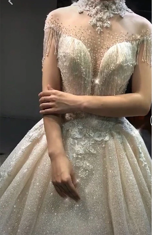 Vivian's Bridal блестящая вуаль свадебное платье кружева с высоким воротником, со стразами Иллюзия сетки Бисероплетение кисточкой Принцесса фантазия Свадебное бальное платье