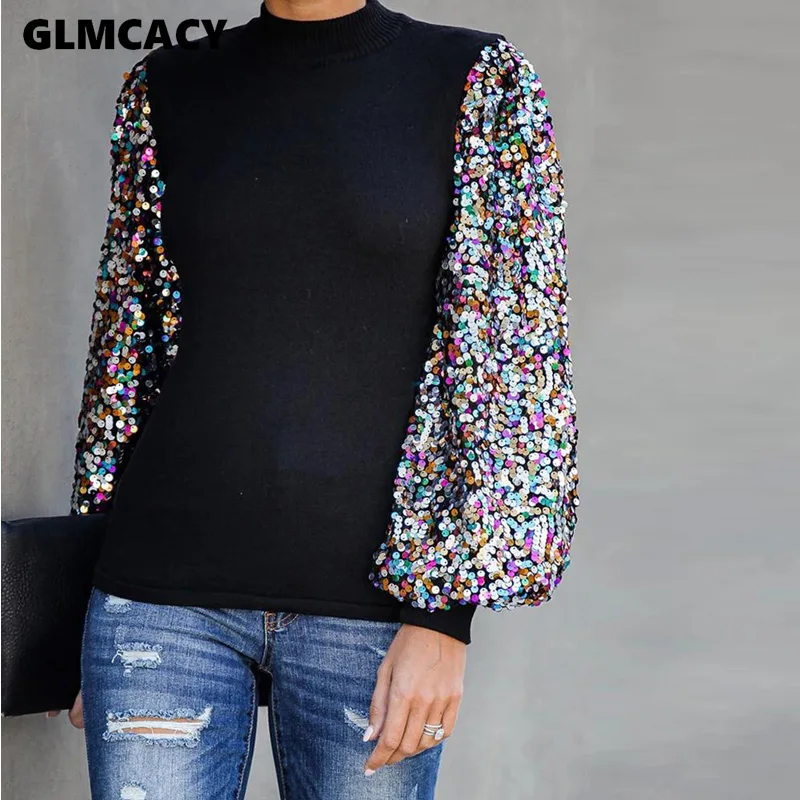 Женская блузка с воротником-фонариком и рукавами-фонариками цветными вставками