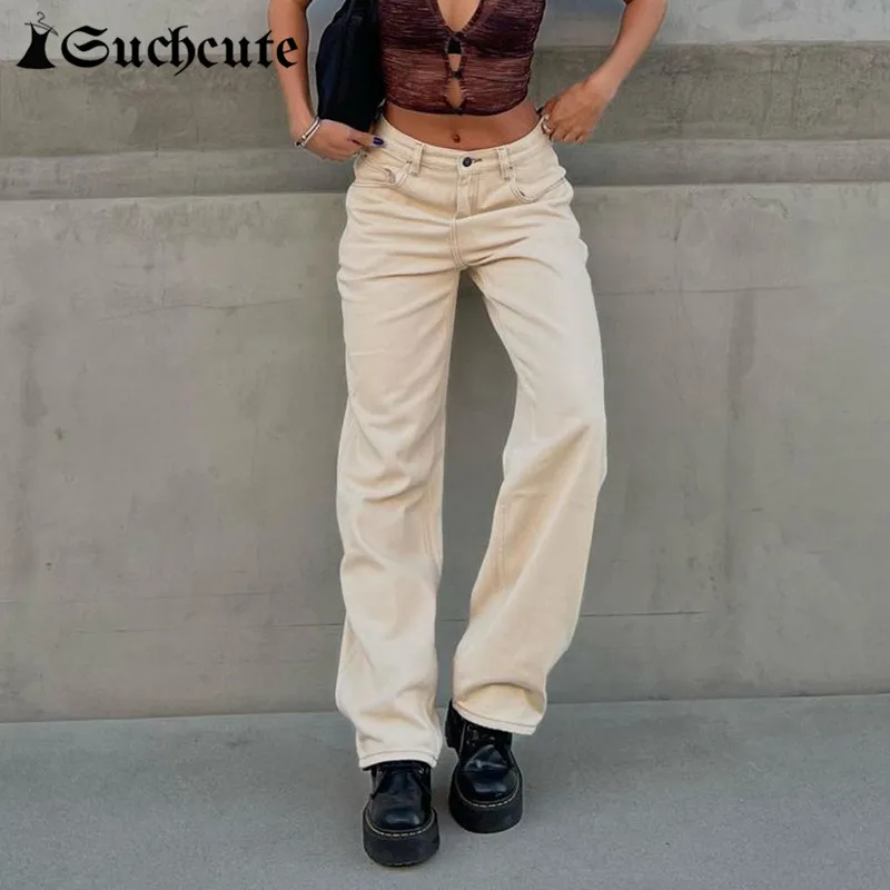 

SUCHCUTE Harajuku Solid Jeans Casual Streetwear Women Vintage Baggy Denim Trousers Fairycore Aesthetic Wide Legs Mopping Pants