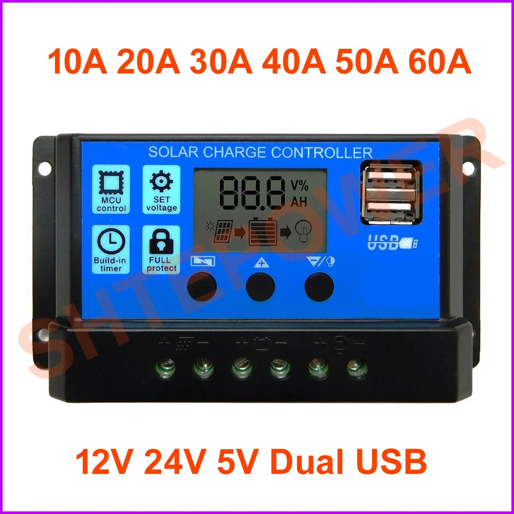 PWM 60A 50A 40A 30A 20A 10A Контроллер заряда и разряда 12 В 24 в автоматический ЖК солнечный