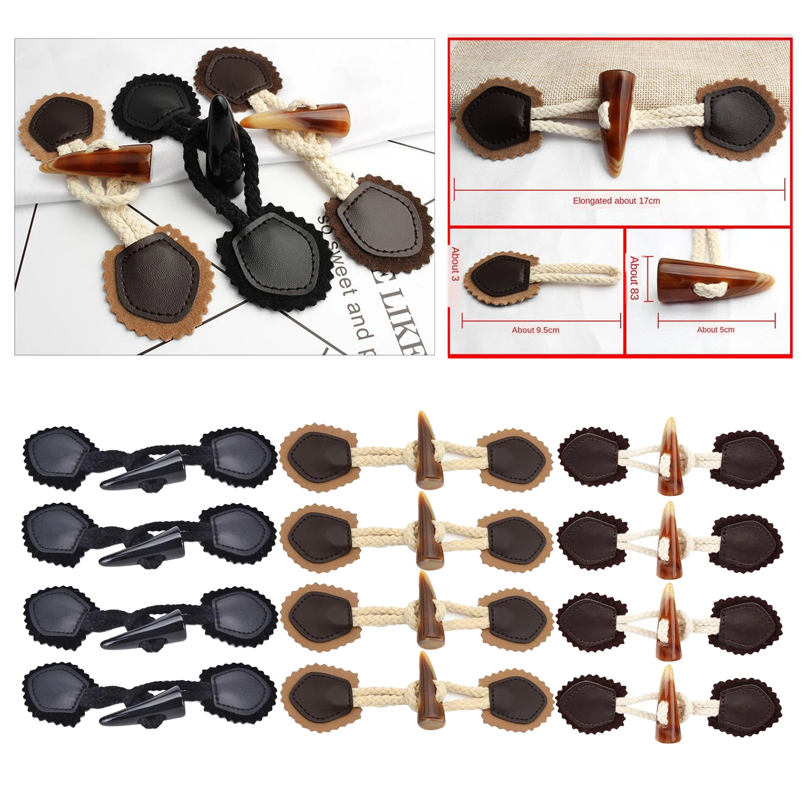 

4 Pairs Vintage PU Leather Sew-on Toggles Resin Horn Buttons Closures DIY Sewing