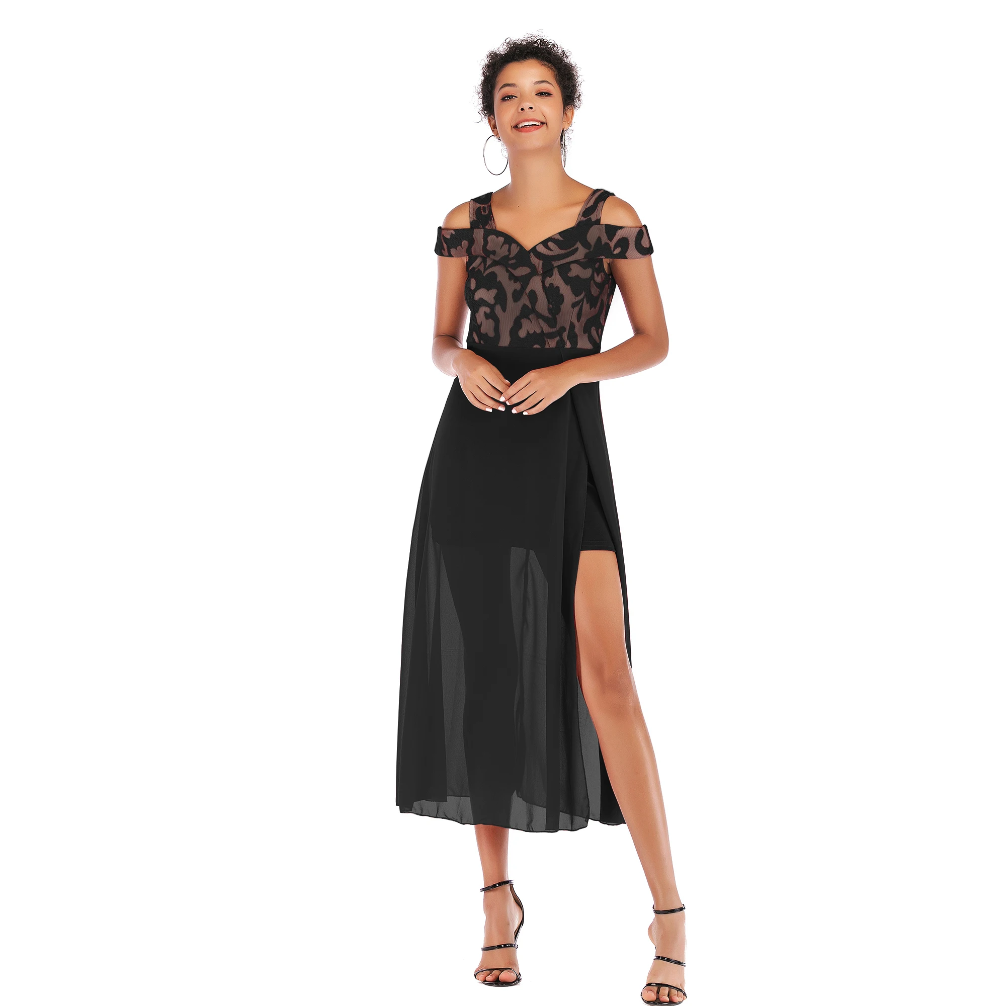 

2020 dress women's fashion sexy spring and summer models off-shoulder stitching split chiffon dress