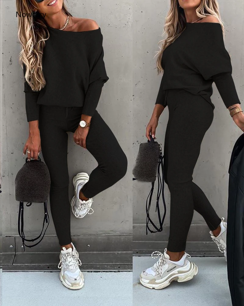 

Ladies Long sleeve 2 Pieces Sets Women Fashion Solid Outfits Spring Autumn Sets Slash Neck Suits Streetwear Joggers Tracksuit