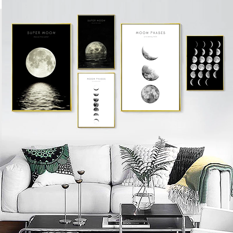 

The Moon Quotes Canvas Poster Black White Wall Art Print Planet Painting Decorative Picture Modern Home Living Room Decoration