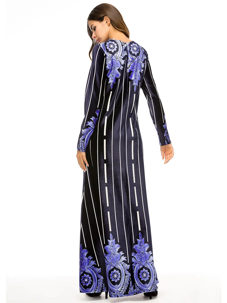 

WEPBEL Muslim Abaya Striped Floral Flower Women Long Maxi Dress Long-Sleeved Fashion Printed Dress High Waist Summer