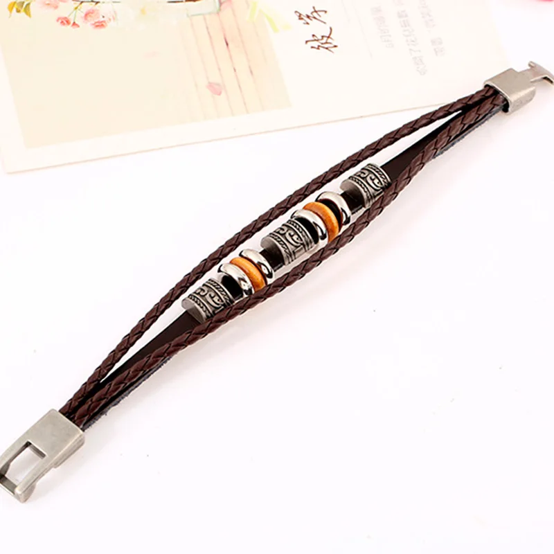 Mens Leather Bracelet Bangles For Men Cowhide Braided Alloy Beads Multi Layer Wrap Charm Cuff Bracelets man pulseras para hombre