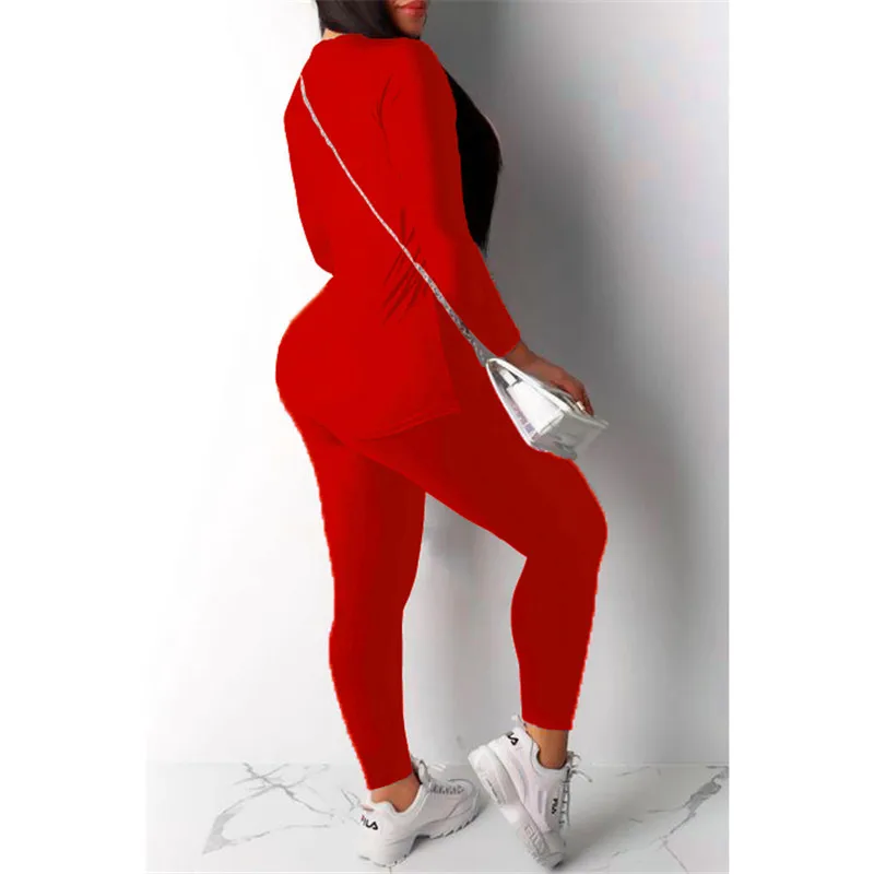 

Hot Sale Women 2Pcs Tracksuit Long Sleeve Tight Slim Tops T-shirt Solid Pants Summer Casual Tracksuit Lounge Wear Sets Clothes