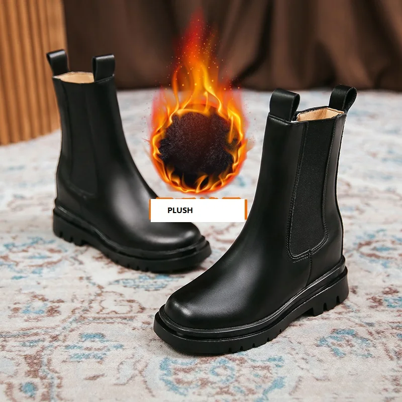 

Boots Mid-tube Boots Increase Autumn and Winter New Style 2021 Black Thick-soled Non-slip Fashion Boots Womens Platform Heels