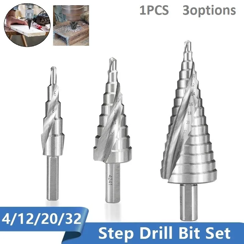 

4-12mm 4-20mm 4-32mm Drill Bits Metric Spiral Flute Step HSS Steel 4241 Cone Titanium Coated Drill Bits Tool Set Hole Cutter