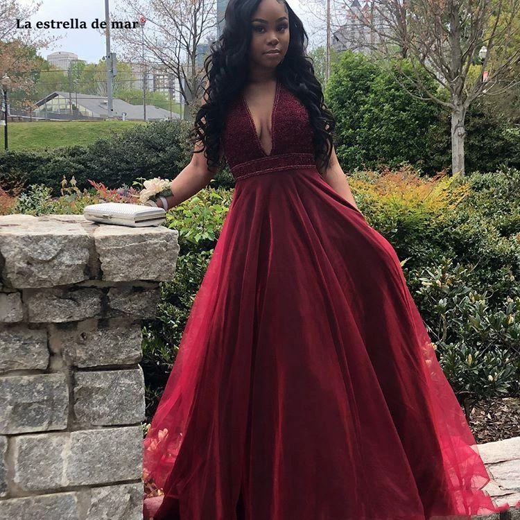 

vestidos de fiesta largos elegantes de gala New Sexy Deep V Neck Burgundy Prom Dresses A Line Tulle Evening Gowns gala jurken