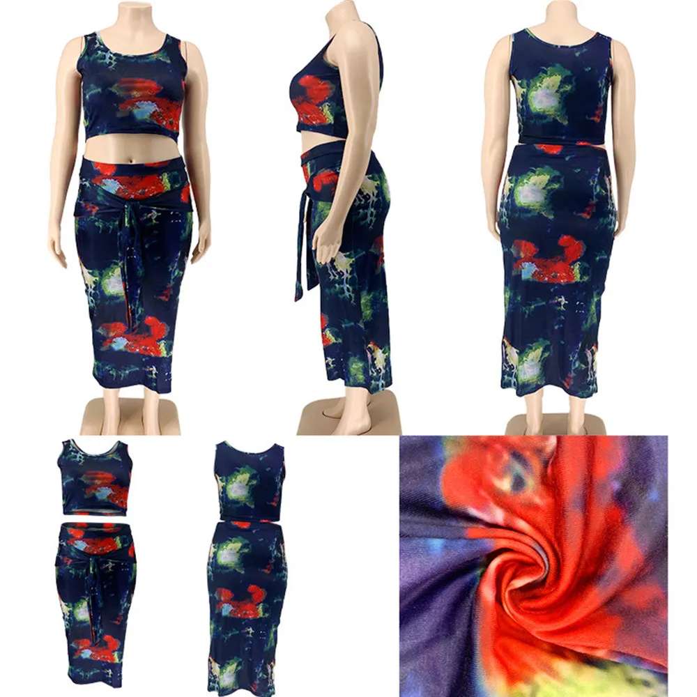 

XL-5XL Plus Size Tie Dye Print 2 Piece Dress Sets Women's Costumes O-neck Sleeveless Tank Top+tie Up Bodycon Skirt Club Outfit