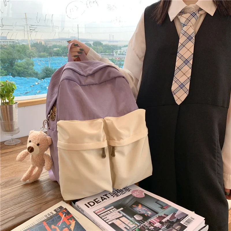 DCIMOR Double Front Pocket Waterproof Nylon Women Backpack Female Preppy Style Schoolbag for Girls Travel Backpacks Book Mochila | Багаж и