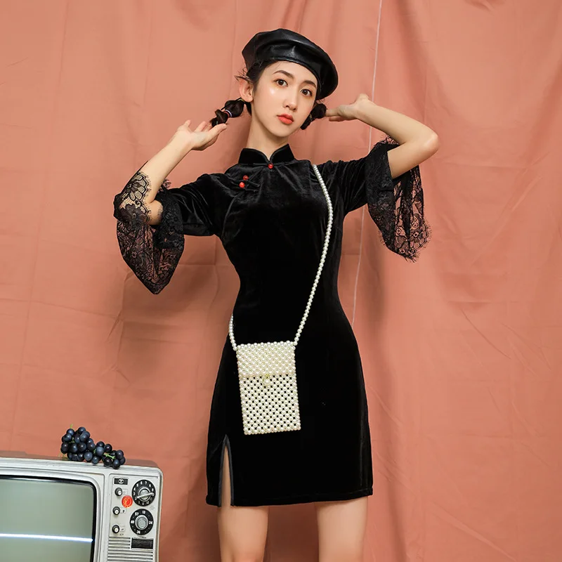 

2021 Retro Oriental Dress For Women Adult Lace Sleeve Velvet Cheongsam Chinese Style Girls Daily Costumes Black Hanfu DQL4375