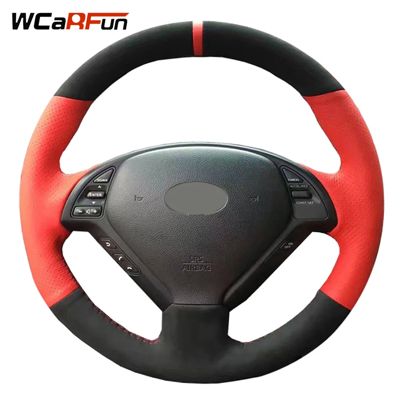 WCaRFun Hand-Stitched Red leather Black Suede Car Steering Wheel Cover for Infiniti G25 G35 G37 QX50 EX25 EX35 EX37 2008-2013