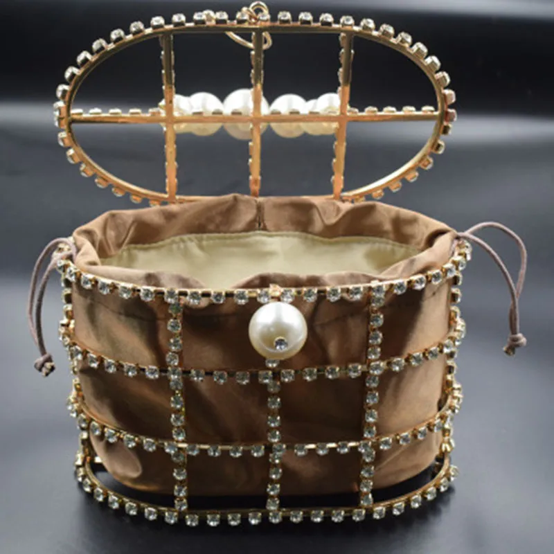 

New Arrival Womens Hand Bag Pearls Handles Beads Birdcage Shape Hollow Out Evening Bag