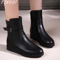women ankle boots solid color black buckle decor slip on round toe winter genuine leather comfortable casual non slip flat shoes